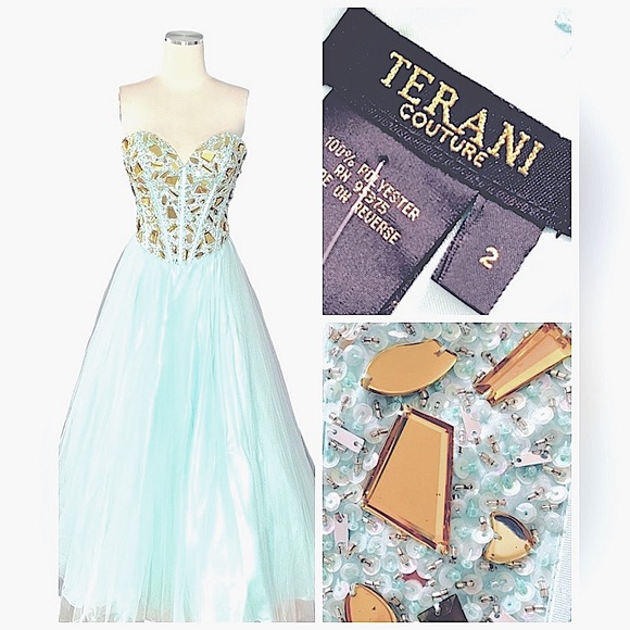 Terani Couture Dresses & Skirts - NWT Terani Couture Sweetheart Mint Gold Satin Tulle Ballgown 2